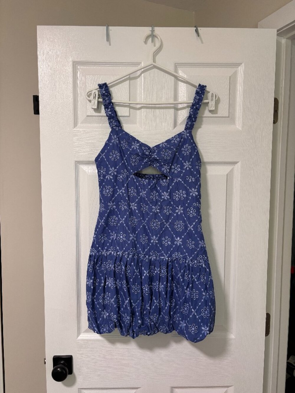 Blue Eyelet Bubble Hem Mini Dress | Coquette Summer Dress (Medium)